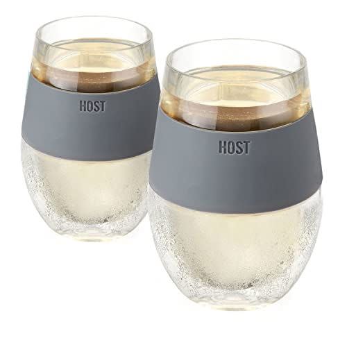3) Host Wine Freeze Cup Set of 2 - Plastic Double Wall Insulated Wine Cooling Freezable Drink Vacuum Cup with Freezing Gel, Wine Glasses for Red and White Wine, 8.5 oz Grey - Gift Essentials