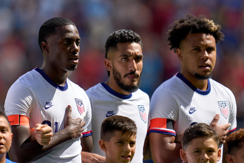 KANSAS CITY, KS - JUNE 5: Tim Weah #21, Jesus Ferreira #9, and Weston McKennie #8 of the United States before a game between Uruguay and USMNT at Children&#39;s Mercy Park on June 5, 2022 in Kansas City, Kansas. (Photo by Robin Alam/ISI Photos/Getty Images)