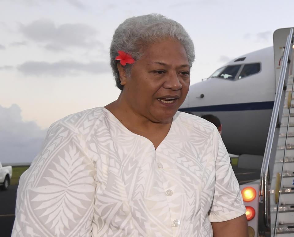 Samoa's Deputy Prime Minister Fiame Naomi Mata'afa arrives at Faleolo Airport in Apia, Samoa, on Sept. 8, 2017. Samoa appeared set to get its first woman leader after the nation's top court on Monday, May 17, 2021 reinstated the results of a knife-edge election last month. Two decisions by the Supreme Court have paved the way for Mata’afa to become prime minister of the small island nation. (Lukas Coch/AAP Image)