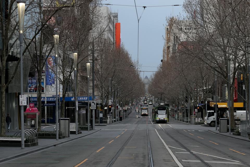 A quiet street is seen in downtown Melbourne on August 6, 2021 during Victoria's sixth lockdown.