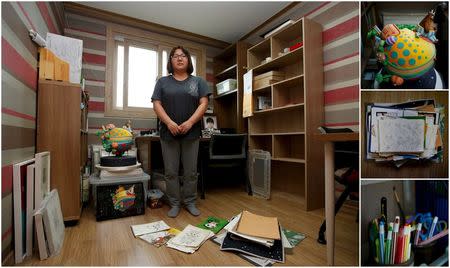 A combination picture shows Kim Mi-hwa, mother of Bin Ha-yong, a high school student who died in the Sewol ferry disaster, as she poses for a photograph in her son's room, as well as details of objects, in Ansan April 7, 2015. REUTERS/Kim Hong-Ji