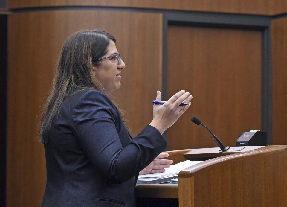 Meetra Mehdizadeh, staff attorney at the Center for Reproductive Rights, argues before the North Dakota Supreme Court on Tuesday, Nov. 29, 2022, in Bismarck, N.D. (Tom Stromme/The Bismarck Tribune via AP)