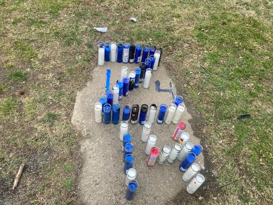 Memorial in the courtyard of Levister Towers where a Mount Vernon teenager was fatally shot on March 9, 2023. The candles are arranged in a 'Z' for his first initial and 14, his age.