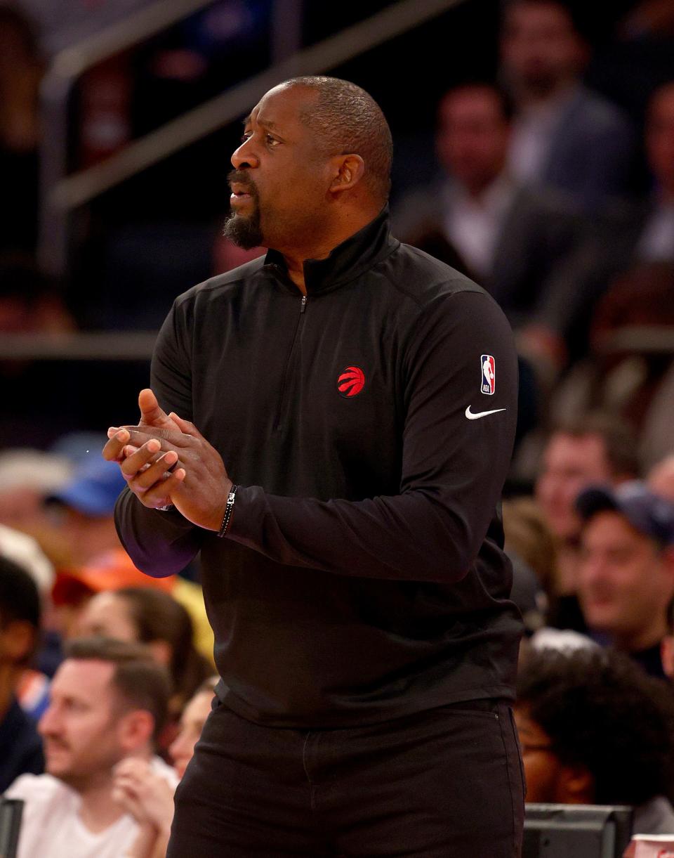 Adrian Griffin directs the Toronto Raptors during a game against the New York Knicks at Madison Square Garden on April 10, 2022.