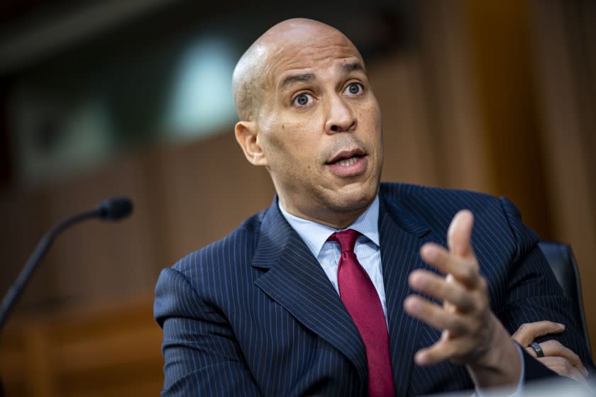 Sen. Cory Booker, D-N.J., speaks during a hearing for Judge Merrick Garland, nominee to be Attorney General, before the Senate Judiciary Committee, Monday, Feb. 22, 2021 on Capitol Hill in Washington. (Al Drago/Pool via AP)