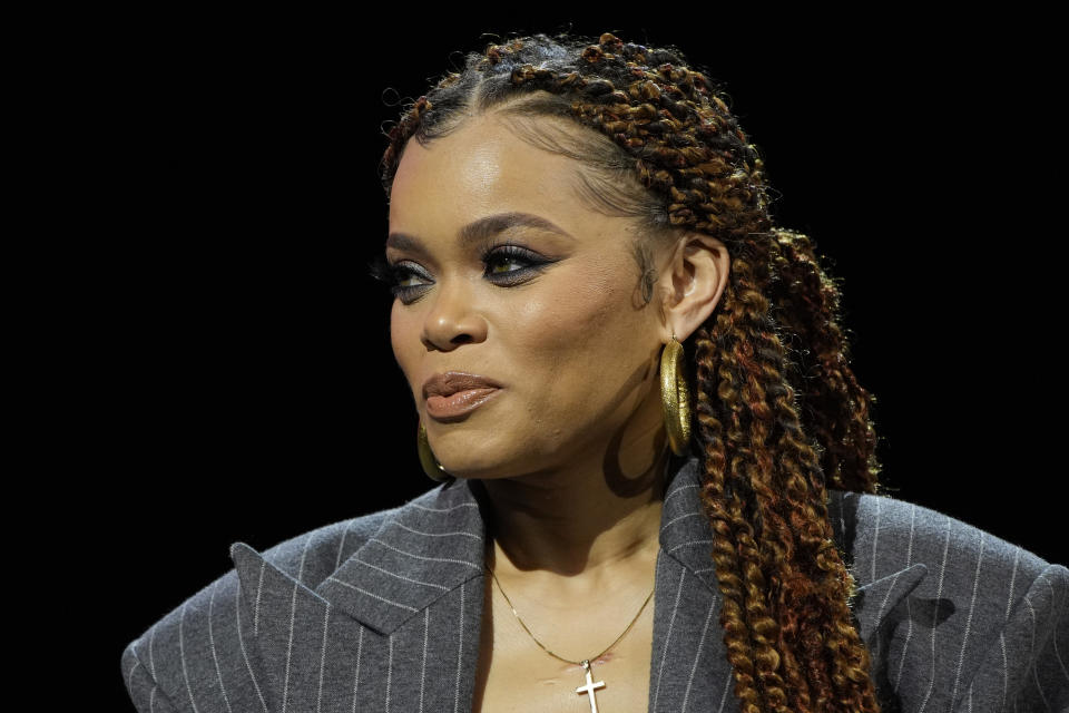 Andra Day speaks during a news conference ahead of the Super Bowl 58 NFL football game Thursday, Feb. 8, 2024, in Las Vegas. (AP Photo/John Locher)