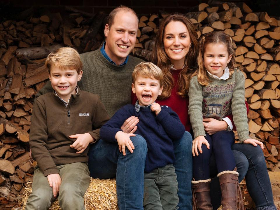 This autumn 2020 image provided by Kensington Palace on Wednesday Dec. 16, 2020, shows the 2020 Christmas card of Britain's Prince William, Kate, Duchess of Cambridge and their children, Prince George, left, Princess Charlotte and Prince Louis, center, at Anmer Hall, Anmer, England.