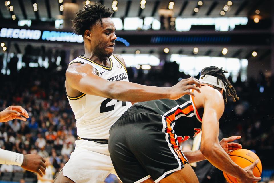 Missouri's Kobe Brown guards Princeton's Tosan Evbuomwan during Princeton's 78-63 win in the Second Round of the NCAA Tournament on March 18, 2023, in Sacramento, Calif.