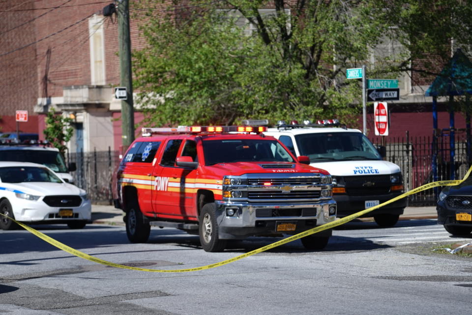 Police tape cordoned off the street along Wilcox Street behind the 121st Precinct station house following a report of a police officer shot in the Staten Island borough of New York, Friday, June 14, 2019. The officer's condition wasn't immediately known. (Joseph Ostapiuk/Staten Island Advance via AP)