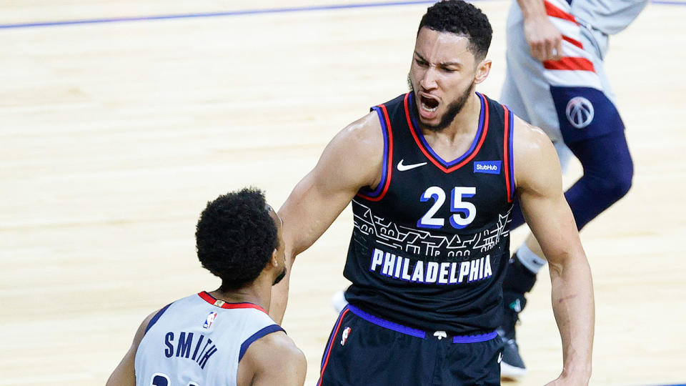 Seen here, Ben Simmons reacts with delight in the 76ers' Game 2 win over Washington.