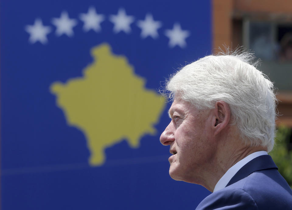 Former U.S. President Bill Clinton speaks during anniversary celebrations in the capital Pristina, Kosovo, Wednesday, June 12, 2019. Exactly 20 years ago, NATO forces set foot in the former Yugoslav province _ revered by Serbs as their historic and religious heartland _ after an allied bombing campaign ended Serbia's bloody crackdown on an insurrection by Kosovo's majority ethnic Albanian population. (AP Photo/Visar Kryeziu)