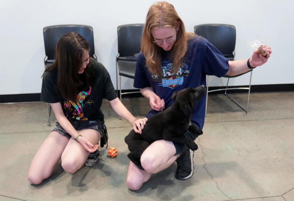 Kacie Brooks, left, and Malacha Dawson, of Flagstaff, play with Kalmar at the Arizona Humane Society South Mountain in Phoenix. They are considering the 6-month old pup for adoption.