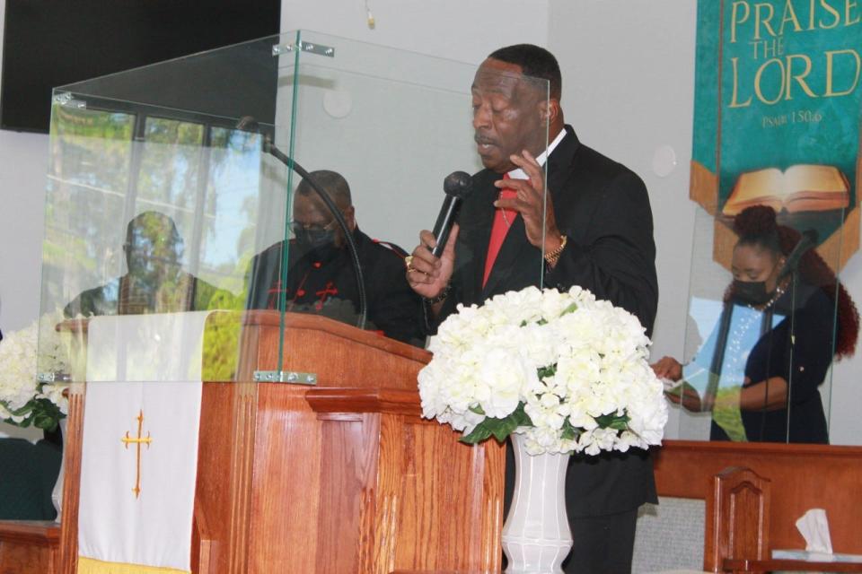 Apostle Willie King Jr., pastor of Showers of Blessings Harvest Center, delivers the sermon during a convocation service held Sunday at DaySpring Baptist Church that was held to recognize the elevation and consecration of 12 members of the church.