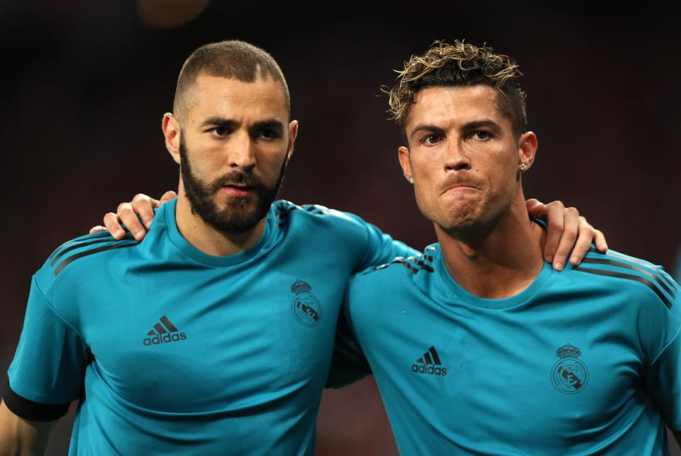 <p>Real Madrid’s Karim Benzema and Cristiano Ronaldo stand together in the warm-up before the Champions League final </p>