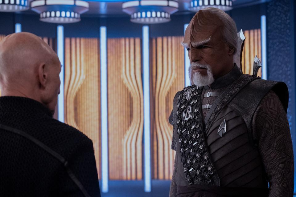 Worf (Michael Dorn), right, and Jean-Luc Picard (Sir Patrick Stewart) reunite in "Star Trek: Picard."