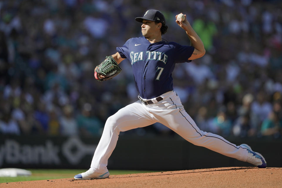 Seattle Mariners starting pitcher Marco Gonzales throws against the Chicago White Sox during the first inning of a baseball game, Monday, Sept. 5, 2022, in Seattle. (AP Photo/Ted S. Warren)