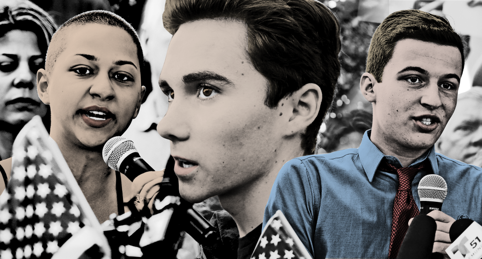 Marjory Stoneman Douglas High School students Emma Gonzalez, left, David Hogg, and Cameron Kasky raising their voices. (Photos: Getty Images, AP)