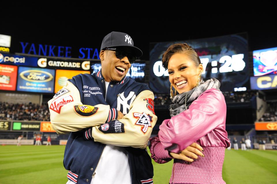 Fresh off of their monster hit "Empire State of Mind" hitting the top of the charts, Jay and Alicia Keys performed the New York anthem during game two of the 2009 MLB World Series between the Philadelphia Phillies and the New York Yankees at Yankee Stadium on Oct. 29, 2009.