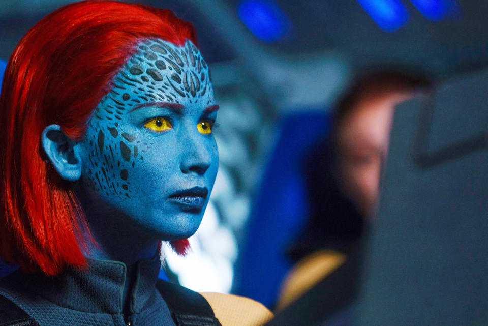 closeup of Lawrence's character in all-over makeup to make her blue