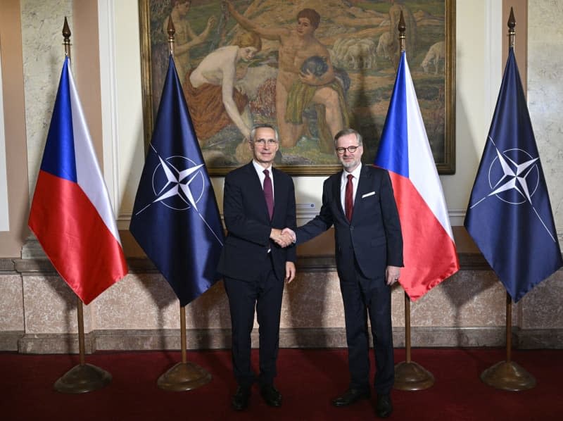 Czech Prime Minister Petr Fiala (R) receives NATO Secretary General Jens Stoltenberg ahead of the Informal meeting of NATO Ministers of Foreign Affairs. Krumphanzl Michal/CTK/dpa