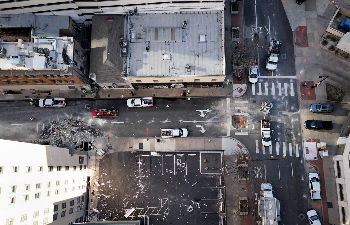 An aerial view of W 8th and Throckmorton Streets bordering the Sandman Signature Hotel on Wednesday, January 10, 2024, in downtown Fort Worth.