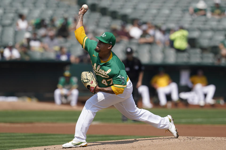 Oakland Athletics' Frankie Montas pitches against the New York Yankees during the first inning of a baseball game in Oakland, Calif., Saturday, Aug. 28, 2021. (AP Photo/Jeff Chiu)