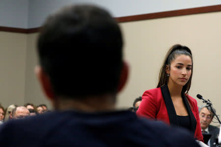 Victim and former gymnast Aly Raisman speaks at the sentencing hearing for Larry Nassar, (R) a former team USA Gymnastics doctor who pleaded guilty in November 2017 to sexual assault charges, in Lansing, Michigan, U.S., January 19, 2018. REUTERS/Brendan McDermid TPX IMAGES OF THE DAY