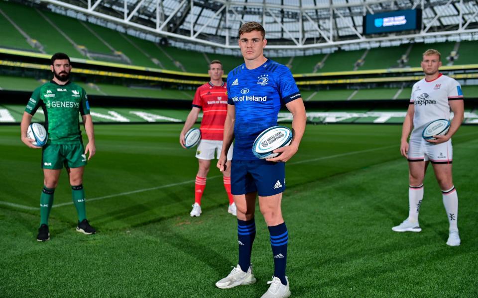 Garry Ringrose of Leinster, with from left, Paul Boyle of Connacht, Chris Farrell of Munster and Kieran Treadwell of Ulster during the United Rugby Championship launch - GETTY IMAGES