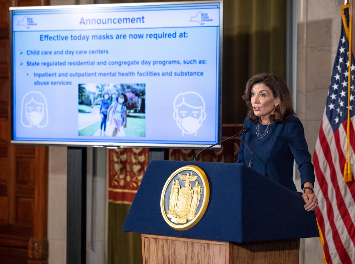 New York Gov. Kathy Hochul delivers a COVID-19 update in the Red Room at the State Capitol in Albany, New York on Wednesday, Sept. 15, 2021.