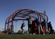 Texas Rangers' Elvis Andrus bats during spring training baseball practice Monday, Feb. 17, 2020, in Surprise, Ariz. (AP Photo/Charlie Riedel)