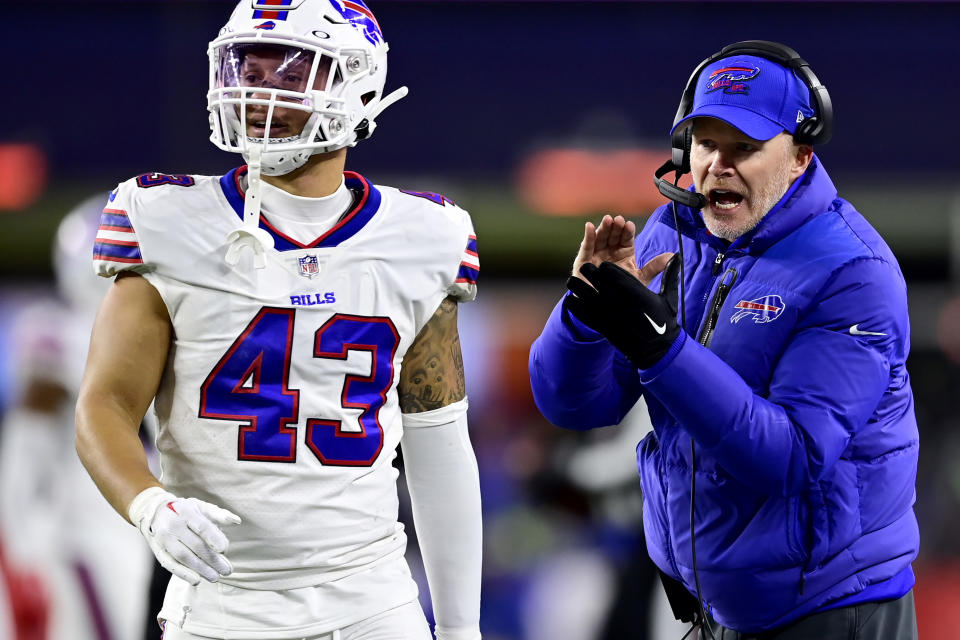  Head coach Sean McDermott of the Buffalo Bills and linebacker <a class="link " href="https://sports.yahoo.com/nfl/players/34045" data-i13n="sec:content-canvas;subsec:anchor_text;elm:context_link" data-ylk="slk:Terrel Bernard;sec:content-canvas;subsec:anchor_text;elm:context_link;itc:0">Terrel Bernard</a> #43 (Photo by Billie Weiss/Getty Images)