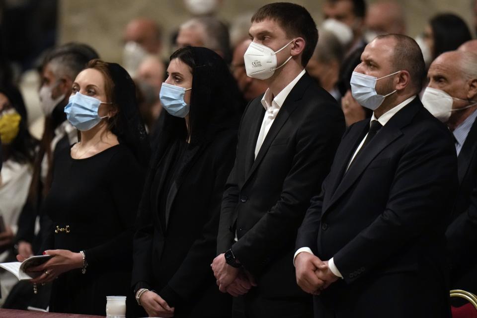 FILE - From left, Ukrainian lawmakers Olena Khomenko, Maria Mezentseva, Melitopol Mayor Ivan Fedorov and lawmaker Rustem Umerov attend an Easter vigil ceremony presided over by Pope Francis, in St. Peter's Basilica at the Vatican, on April 16, 2022. Fedorov, 34, is one of over 50 local leaders who have spent time in Russian captivity since the war began on Feb. 24 in an attempt to subdue towns and cities under Moscow's control. Like many others, he said he was pressured into collaborating with the invaders. (AP Photo/Alessandra Tarantino, File)