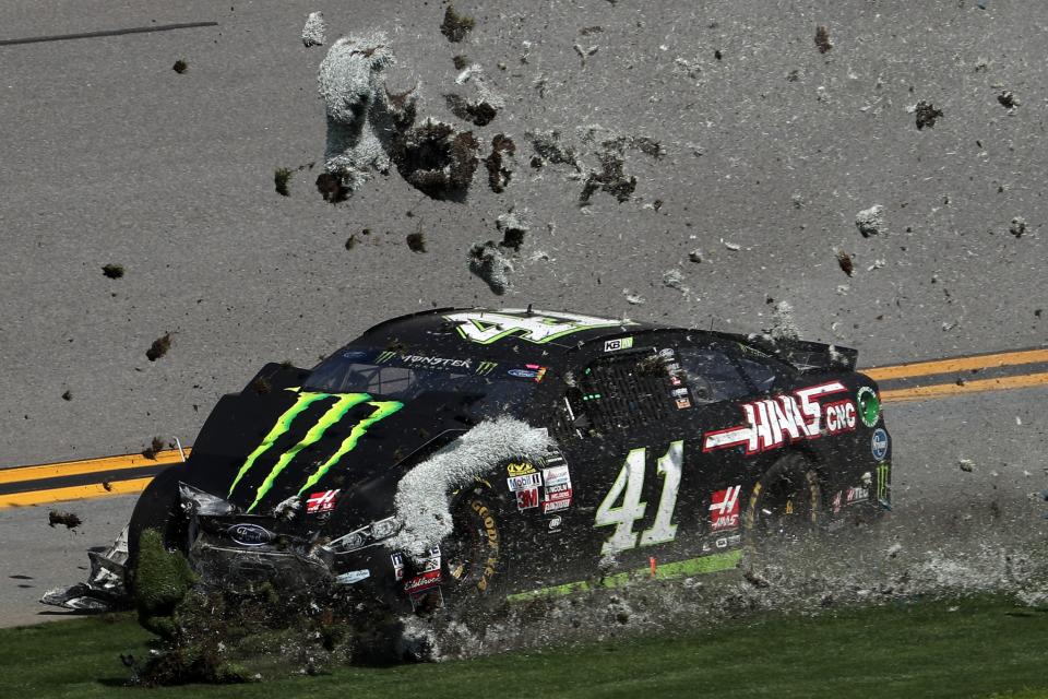 Kurt Busch, driver of the #41 Monster Energy/Haas Automation Ford, is involved in an on-track incident during the weather delayed Monster Energy NASCAR Cup Series Advance Auto Parts Clash at Daytona International Speedway on February 19, 2017 in Daytona Beach, Florida.