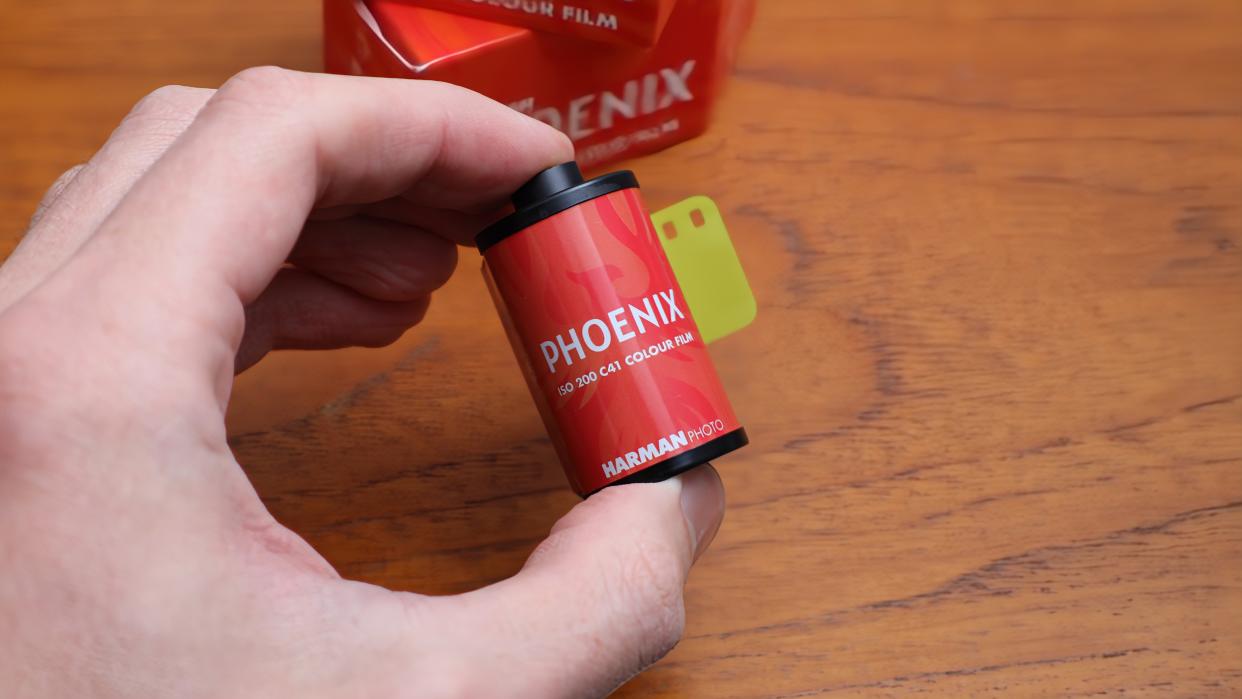  Harman Phoenix 35mm film canister held in a hand. 