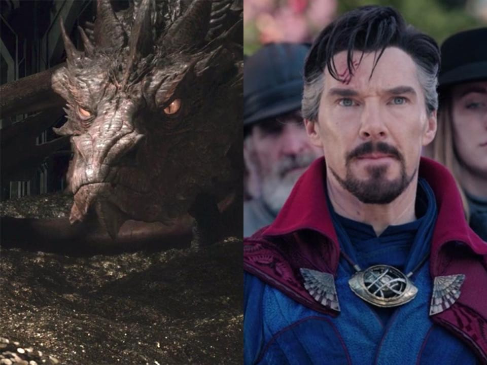 On the left: Smaug in "The Hobbit: The Desolation of Smaug." On the right: Benedict Cumberbatch as Doctor Strange in "Doctor Strange in the Multiverse of Madness."