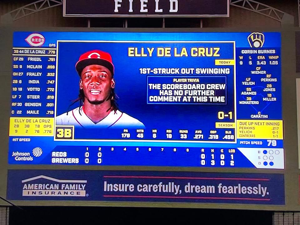 The scoreboard at American Family Field, shown during Bally Sports Ohio's broadcast