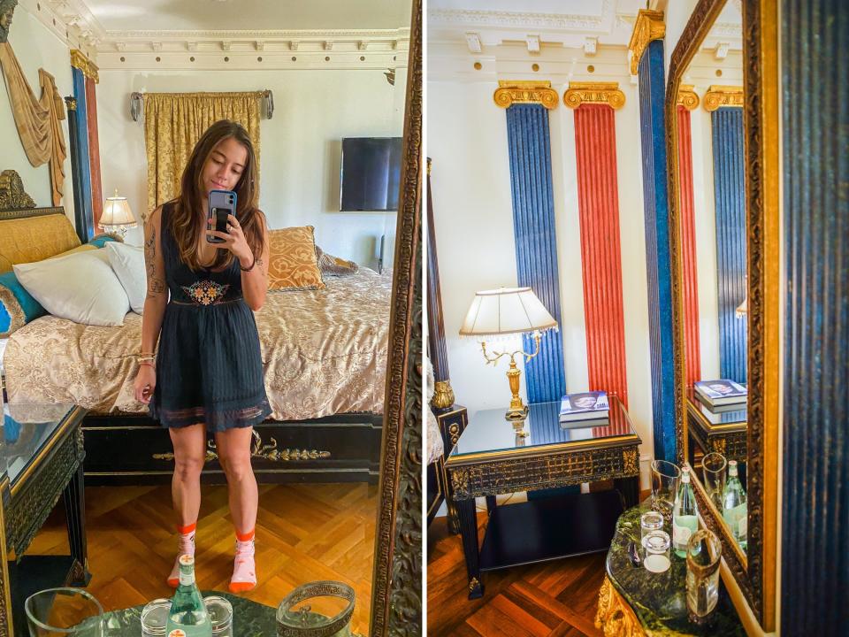 Side by side photos in the versace mansion show the right side of the bed, which has a large mirror