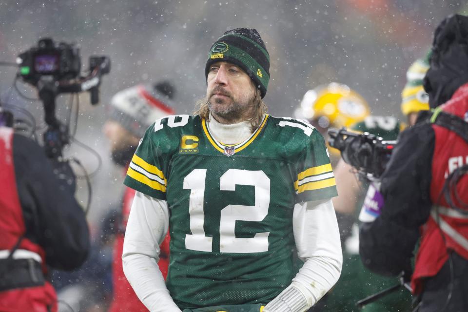 Green Bay Packers quarterback Aaron Rodgers leaves the field after the team's NFC divisional playoff loss to the San Francisco 49ers at Lambeau Field.