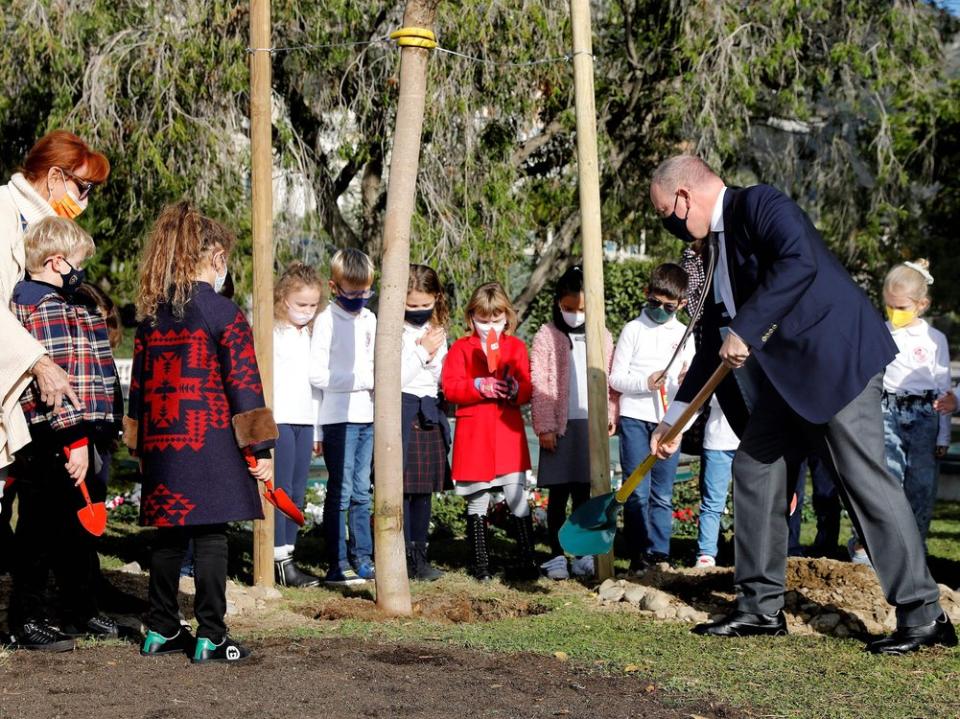 Die Fürstenfamilie pflanzte am Mittwoch zu Ehren von Fürstin Charlène einen lila blühenden Jacaranda-Baum aus ihrem Heimatland Südafrika (Bild: getty/SEBASTIEN NOGIER / POOL/AFP via Getty Images)