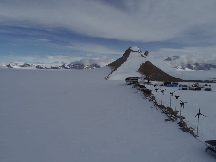 <span class="caption">Wind turbines line the approach to the base.</span> <span class="attribution"><span class="source">Kate Winter/International Polar Foundation</span>, <span class="license">Author provided</span></span>