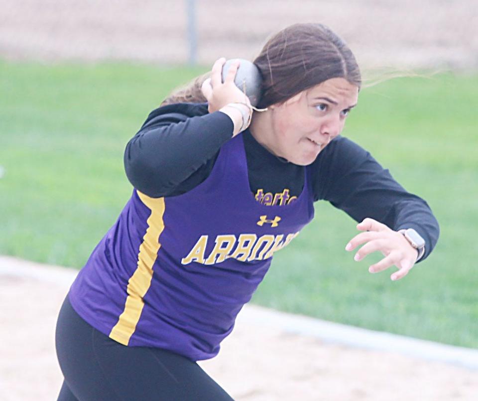 Watertown's Allison Konrad competes in the girls' shot put during the Mark Wendelgass Relays track and field meet on Friday, May 19, 2023 in Mitchell.