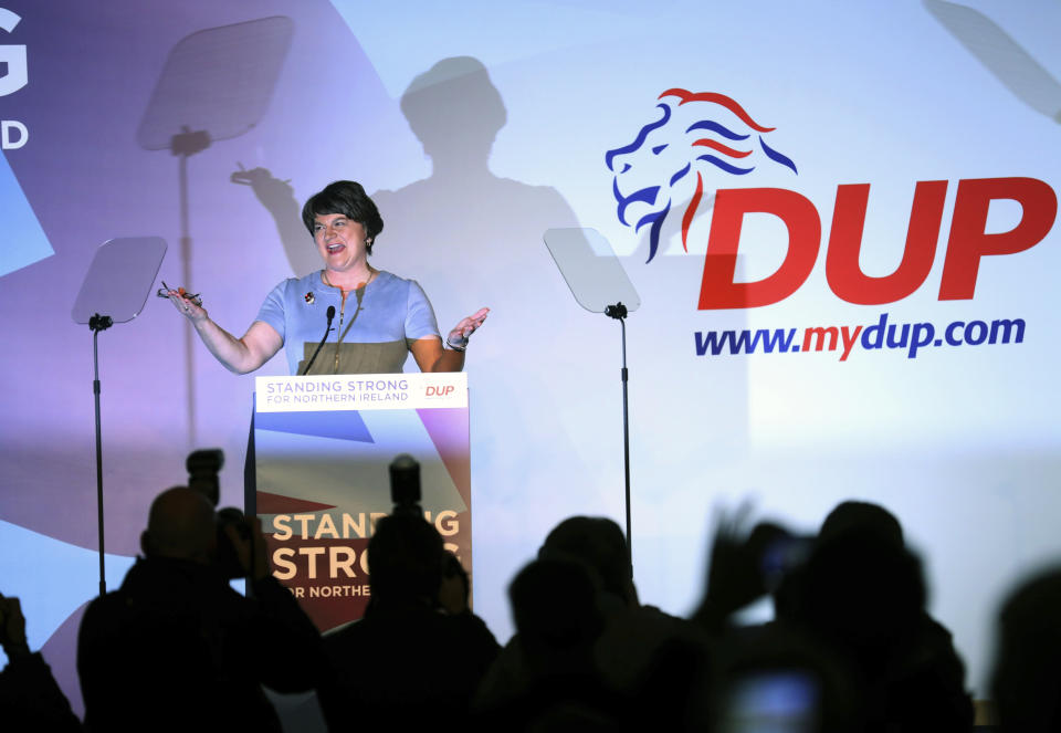 Democratic Unionist Party leader Arlene Foster speaks to delegates at the party's annual conference in Belfast, Northern Ireland, Saturday, Oct. 26, 2019. (AP Photo/Peter Morrison)