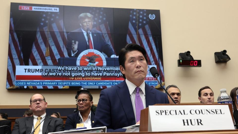 PHOTO: Former special counsel Robert K. Hur testifies alongside a video of former President Donald Trump to the House Judiciary Committee, Mar. 12, 2024, in Washington. (Win McNamee/Getty Images)