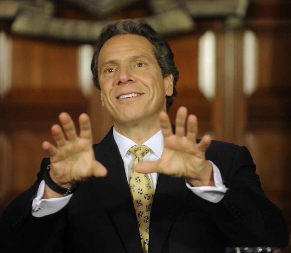 New York Gov. Andrew Cuomo speaks during a news conference at the Capitol in Albany, N.Y., on Monday, June 4, 2012. Cuomo is proposing the decriminalization of the possession of small amounts of marijuana in public view. (AP Photo/Tim Roske)