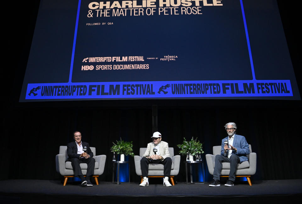 Moderator Al Michaels, Pete Rose and writer-director Mark Monroe participate in a Q&A following the premiere of 'Charlie Hustle & The Matter Of Pete Rose' in Los Angeles.