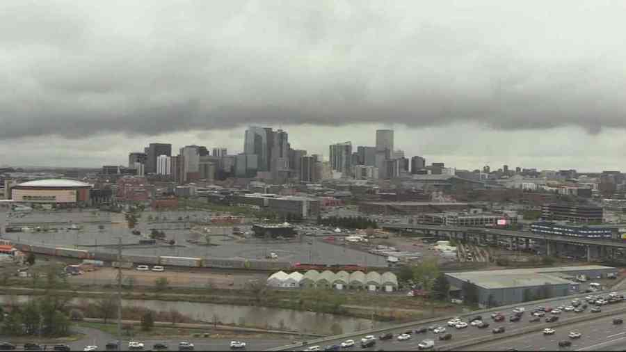 Clouds lingered above the Denver skyline throughout the day on April 27, 2024.