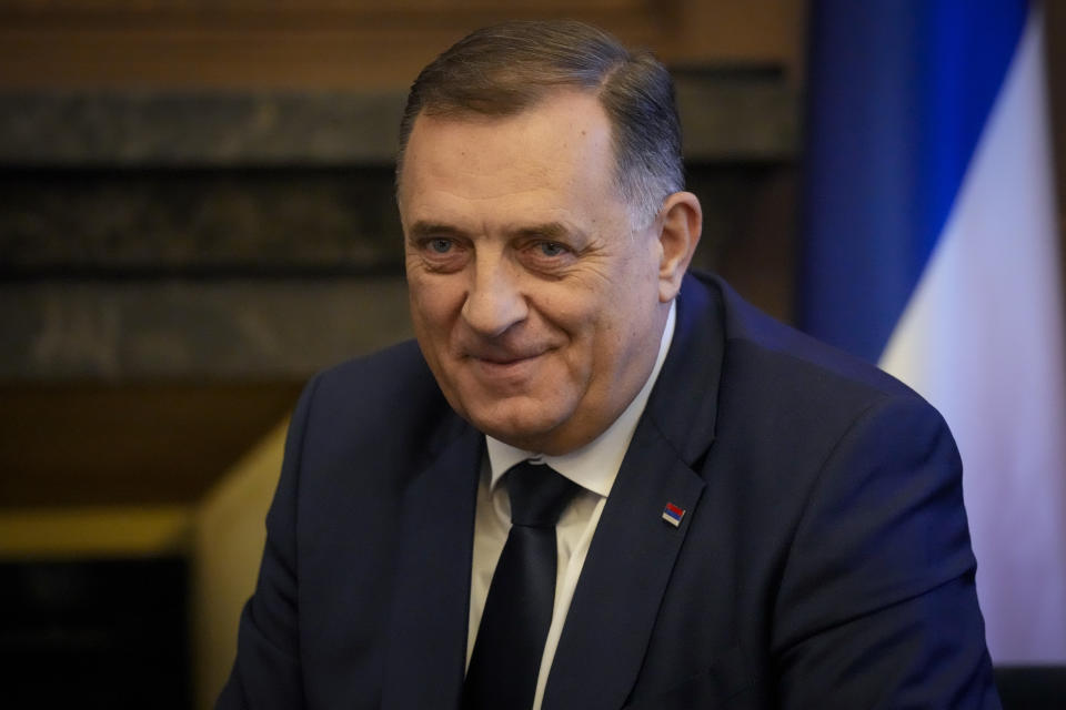 Bosnian Serb leader Milorad Dodik smiles during a meeting with Hungary's Prime Minister Viktor Orban, in Banja Luka, Bosnia, Friday, April 5, 2024. (AP Photo/Darko Bandic)