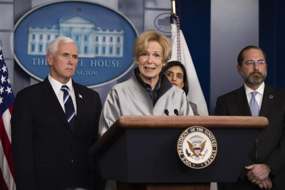 FILE - In this March 3, 2020, file photo, White House coronavirus response coordinator Dr. Deborah Birx, with, from left, Vice President Mike Pence, administrator of the Centers for Medicare and Medicaid Services Seema Verma, and Department of Health and Human Services Secretary Alex Azar, speaks to reporters during a briefing on coronavirus in the Brady press briefing room of the White House in Washington. Birx was brought into President Donald Trump’s orbit to help fight the coronavirus, she had a sterling reputation as a globally recognized AIDS researcher and a rare Obama administration holdover. Less than 10 months later, her reputation is frayed and her future in President-elect Joe Biden's administration uncertain. (AP Photo/Manuel Balce Ceneta, File)