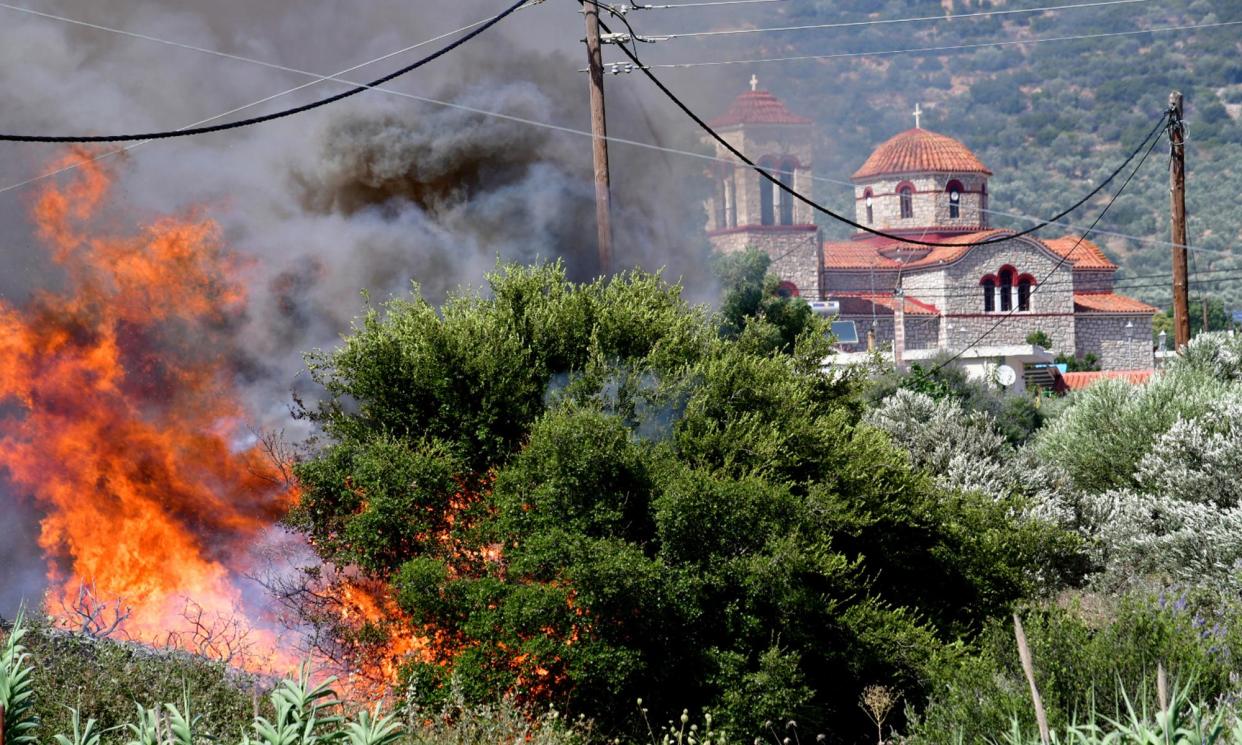 <span>Bushes and trees burn during a wildfire in Greece last summer.</span><span>Photograph: Bougiotis Evangelos/EPA</span>