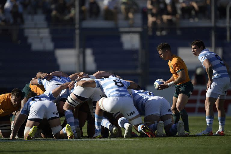 Nic White, de Australia, lanza la pelota al scrum durante el partido en San Juan entre los Pumas y los Wallabies, por la segunda fecha del Rugby Championship